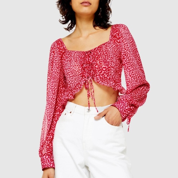 NWOT Topshop Red/Pink Leopard Prairie Cropped Blouse Size US 10 - Picture 1 of 8